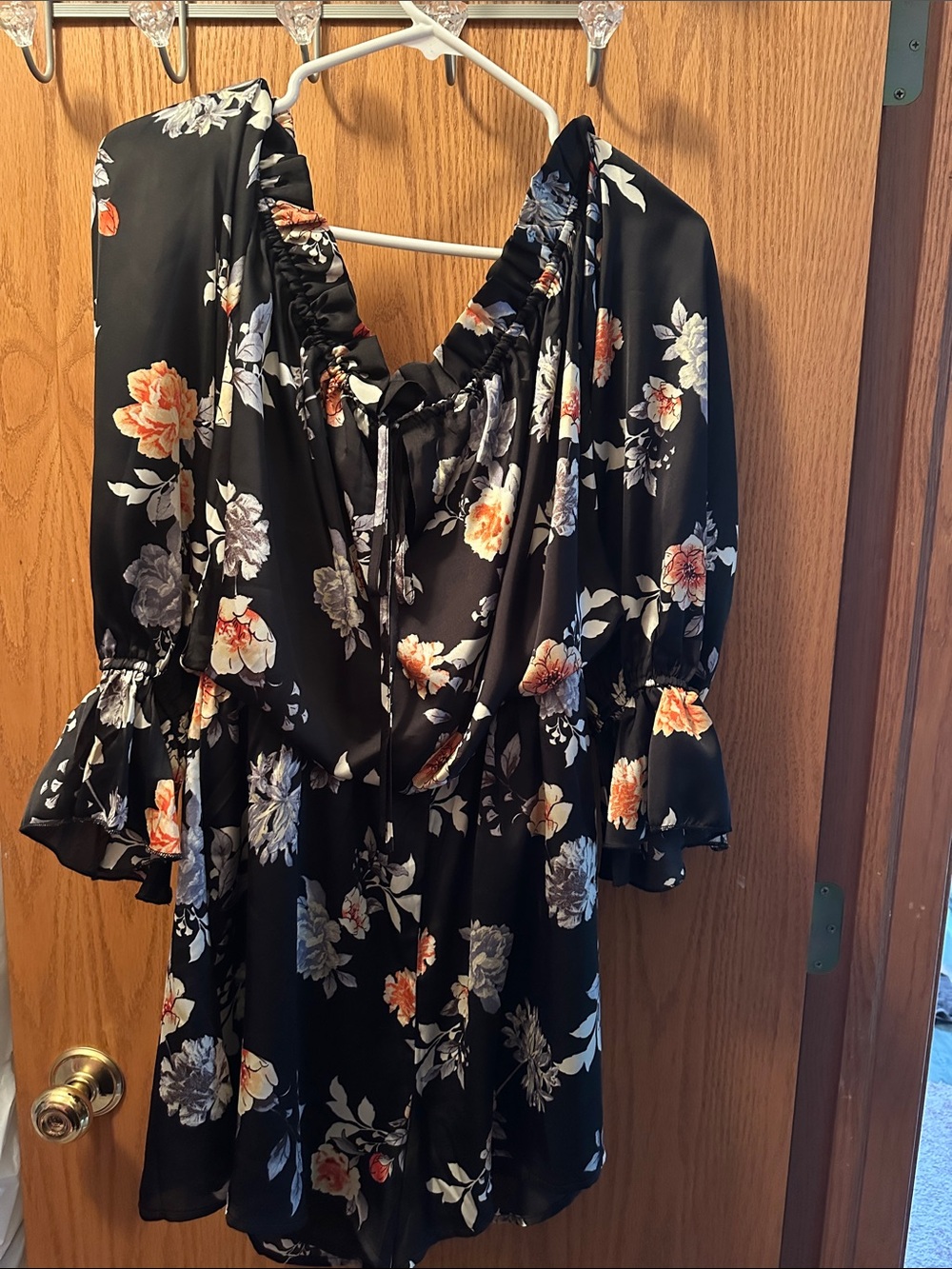 Fashion Nova Black Floral romper with Orange & Cream Blooms
